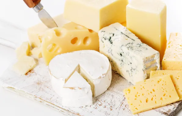 Food, cheese, knife, pieces, light background, holes, different, a lot