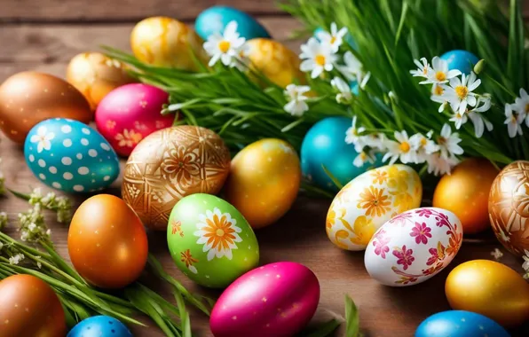 Flowers, eggs, spring, colorful, Easter, happy, flowers, spring