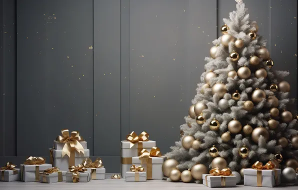 Decoration, gift, balls, tree, new year, Christmas, golden, Christmas