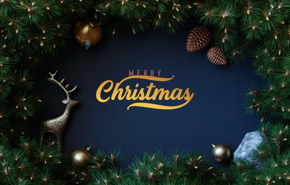 Branches, the inscription, deer, Christmas, New year, needles, blue background, Christmas decorations