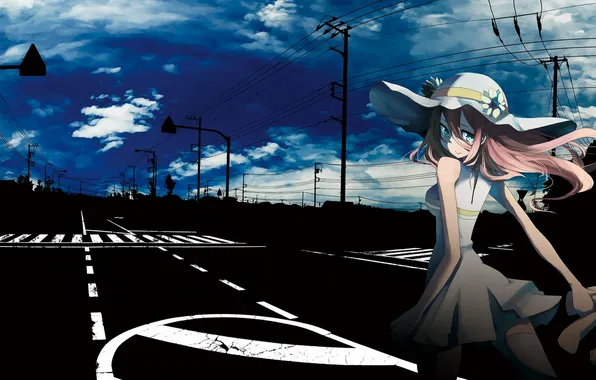 Road, the sky, girl, clouds, wire, toy, hat, anime