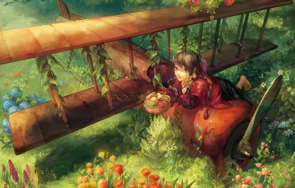 Picture forest, flowers, the plane, basket, girl, fruit, ivy