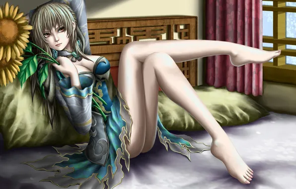Girl, bed, sunflower, art, bed