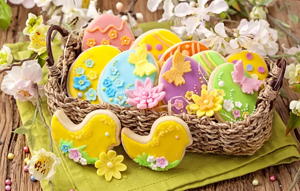 Spring, colorful, cookies, Easter, flowers, sweet, glaze, eggs
