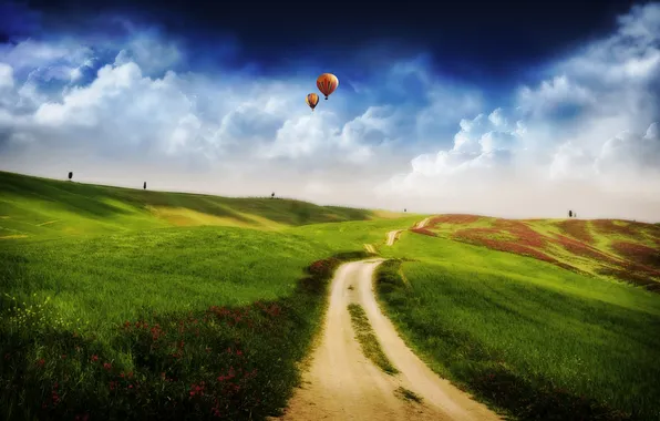 Road, the sky, grass, trees, balloons, horizon, Landscape, art