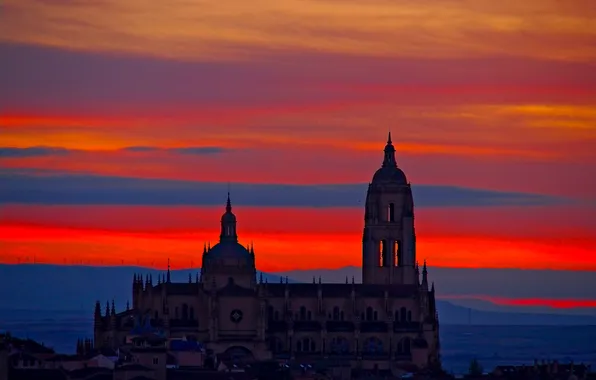 The sky, clouds, landscape, Cathedral, glow, Spain, Segovia