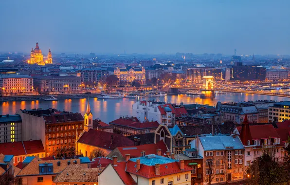 Picture the city, river, building, home, the evening, roof, panorama, Hungary