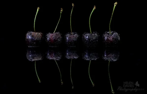 Reflection, black background, cherry, water drops