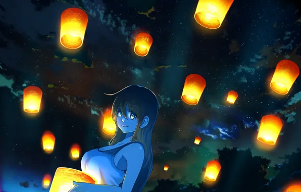 Girl, night, lanterns