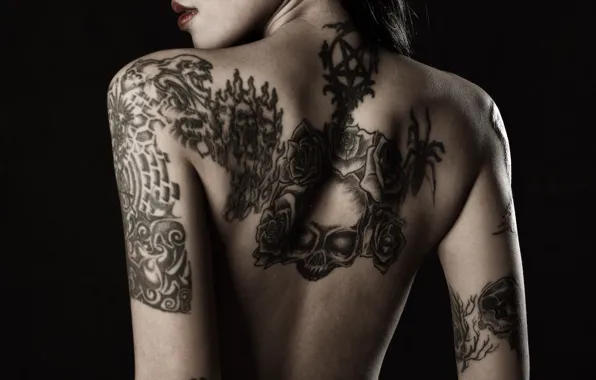 Girl, back, skull, tattoo, black background, tattoo