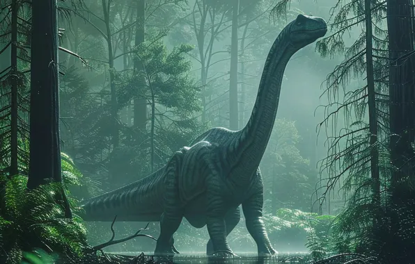 Water, Trees, Dinosaur, River, Neck, Animal, Digital art, Ancient animals