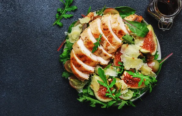 Greens, the dark background, table, food, plate, Bank, meat, fruit