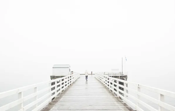 Girl, wet, sea, ocean, fog, pier, mist, cloudy