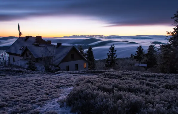 Picture landscape, mountains, nature, fog, house, dawn, morning, Beskydy