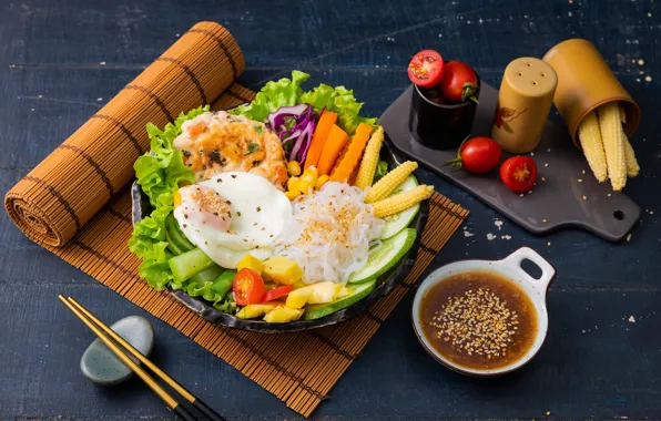Scrambled eggs, vegetables, tomatoes, sauce