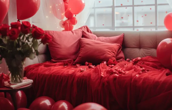 Decoration, love, room, holiday, romance, bed, interior, heart
