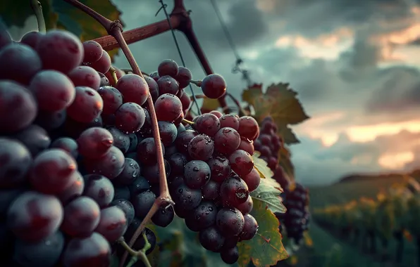 The sky, leaves, clouds, drops, red, clouds, grapes, vineyard