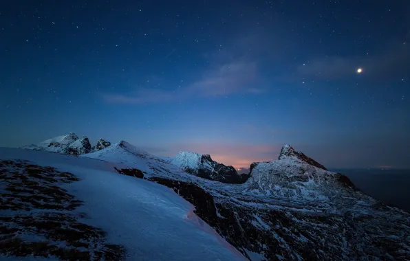 Picture sea, stars, snow, night, rocks, Norway