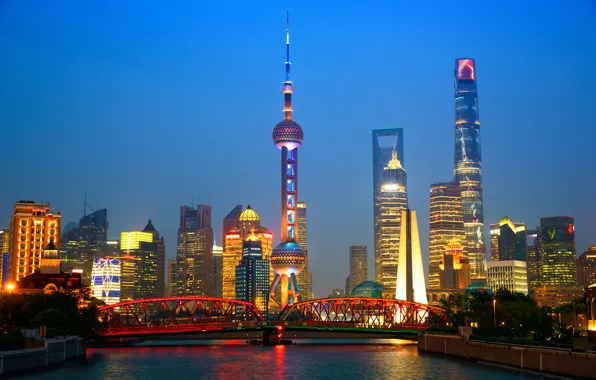 Night, bridge, lights, river, home, skyscrapers, China, tower