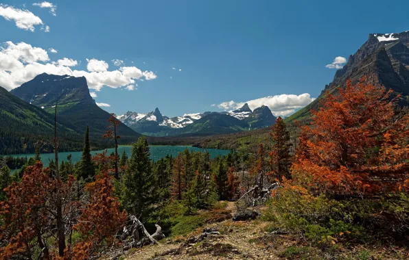 Autumn, the sky, trees, mountains, nature, lake, USA