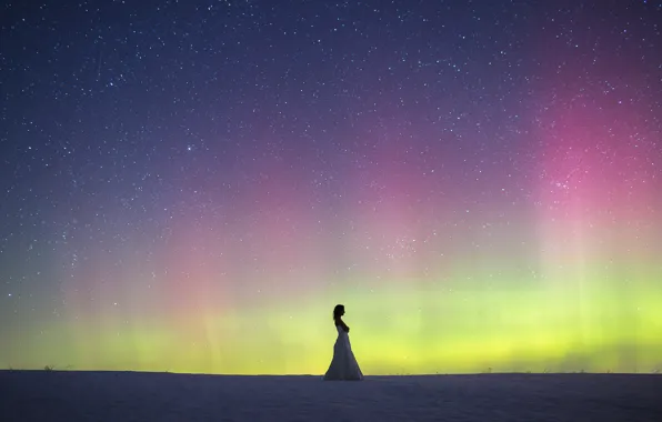 Picture woman, winter, snow, northern lights, wedding dress, aurora borealis
