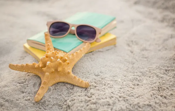Sand, sea, beach, summer, stay, star, glasses, book