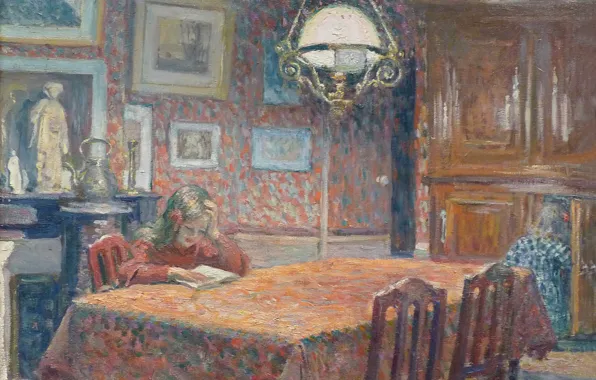 Table, room, interior, picture, girl, genre, Henri Lebacq, Under the lamp