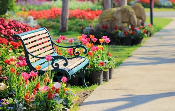 Flowers, Park, elephant, bench