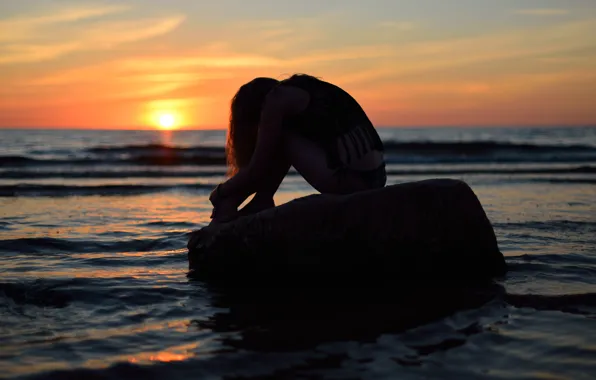 Sea, summer, girl, sunset, stones