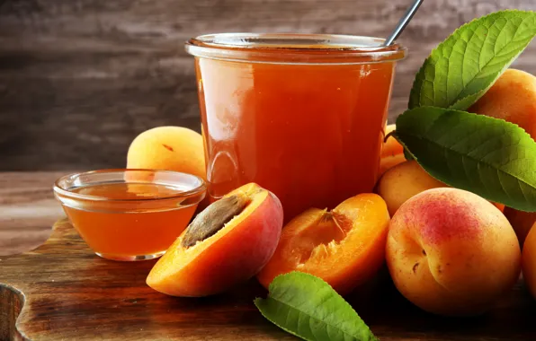 Picture background, spoon, apricot, leaves, apricot jam