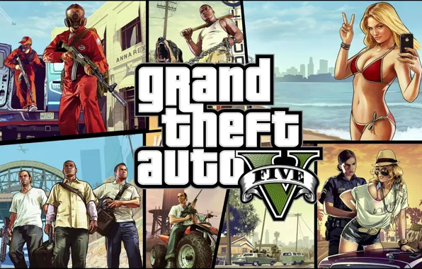 Sea, girl, weapons, art, GTA, Grand Theft Auto V, GTA 5, Rockstar North