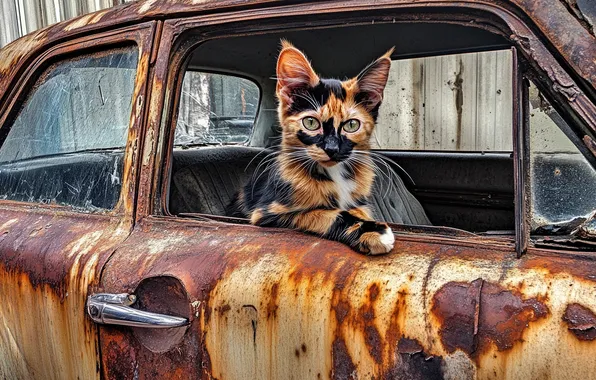 Machine, cat, look, pose, kitty, the fence, window, rust