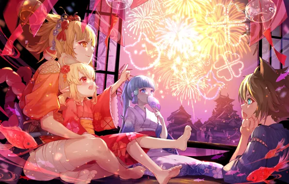 Children, girls, elves, fireworks, Genshin Impact, Yoimiya, Kamisato Ayaka, Clover