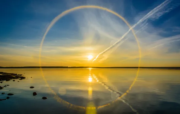 Picture the sun, lake, reflection, halo