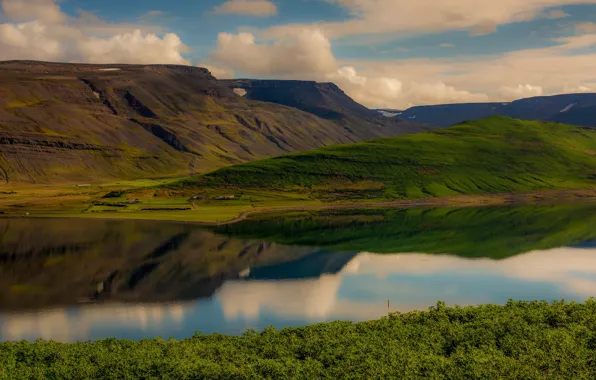 Greens, summer, the sky, clouds, landscape, mountains, nature, lake