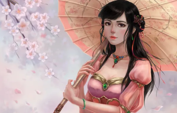 Picture girl, umbrella, Sakura