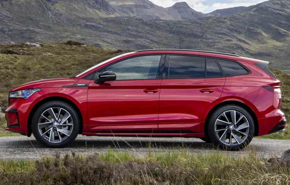 Picture mountains, red, space, crossover, exterior, Skoda, Skoda Enyaq iV Sportline