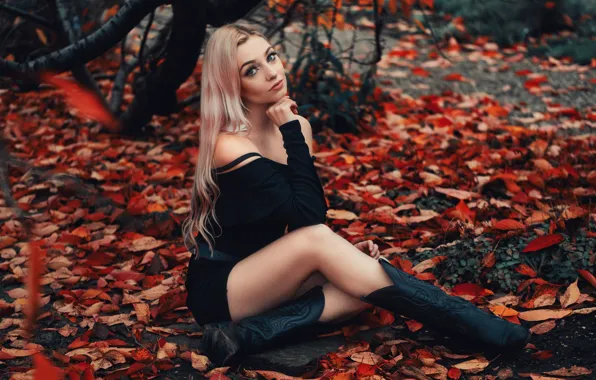 Autumn, look, leaves, girl, pose, feet, boots, blonde