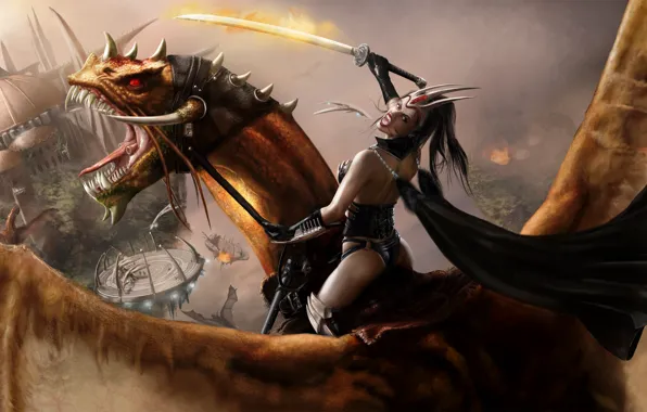 Girl, castle, attack, dragon, sword, attack at dawn revised