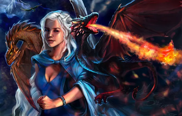 Picture girl, fire, dragons, art, white hair, Game of Thrones, Daenerys Targaryen