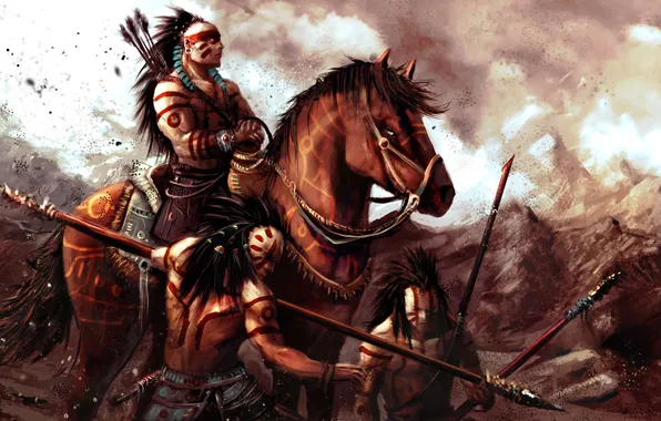 Art, rider, warriors, the Indians, spears