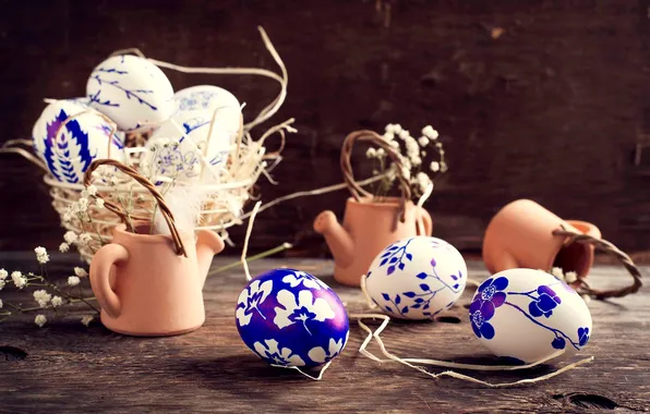 Flowers, eggs, dishes, basket, painting