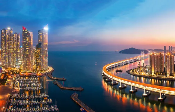 Sea, sunset, bridge, building, port, night city, skyscrapers, South Korea