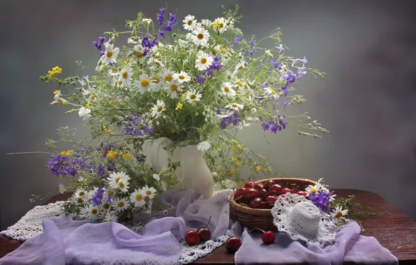 Picture summer, chamomile, cherry, hat, bouquet