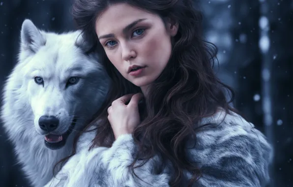 Picture girl, snow, white wolf, neural network