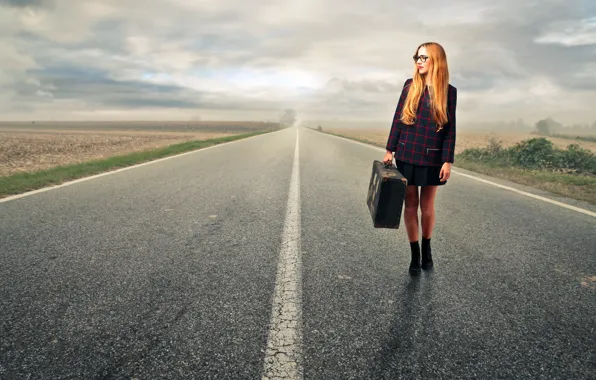 Picture girl, landscape, the way, mood, skirt, highway, glasses, hairstyle