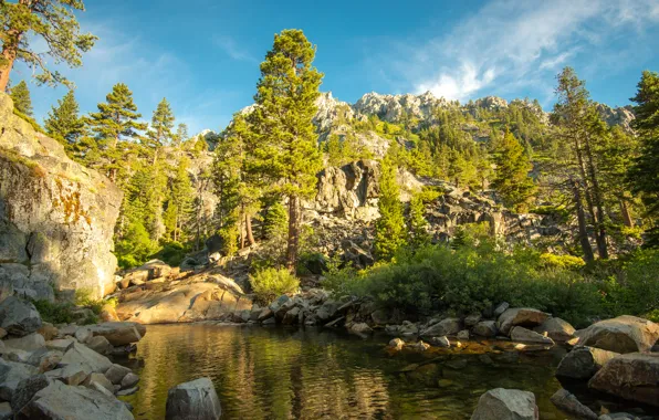 Trees, mountains, lake, stones, rocks, CA, USA, Eagle Creek