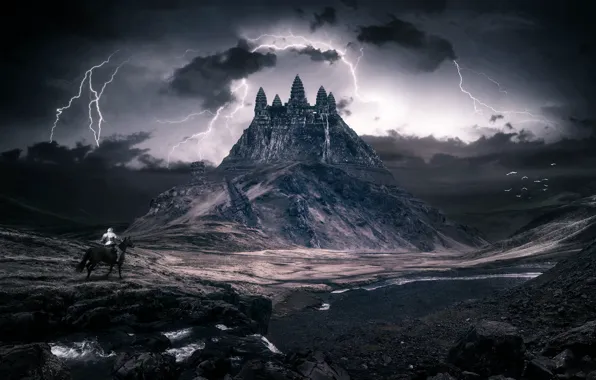 Mountain, Lightning, Clouds, The building, Zipper, Landscape, Architecture, Art