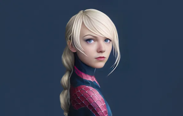 Blonde, braid, blue eyes, comics, beautiful girl, Marvel Comics, Gwen Stacy, dark grey background