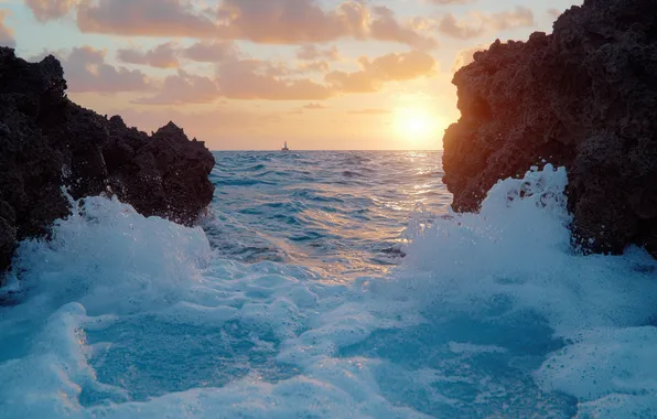 Sea, wave, the sky, foam, the sun, clouds, light, rocks